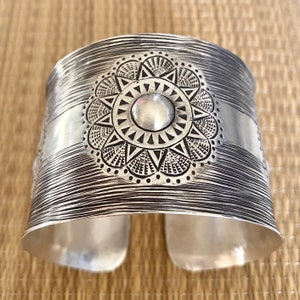 Handmade Sterling Silver Solar Mandala Wide Boho Statement Cuff Bracelet, Floral Tribal Ethnic Hippie Bracelet Cuff, Gift for Her or Him