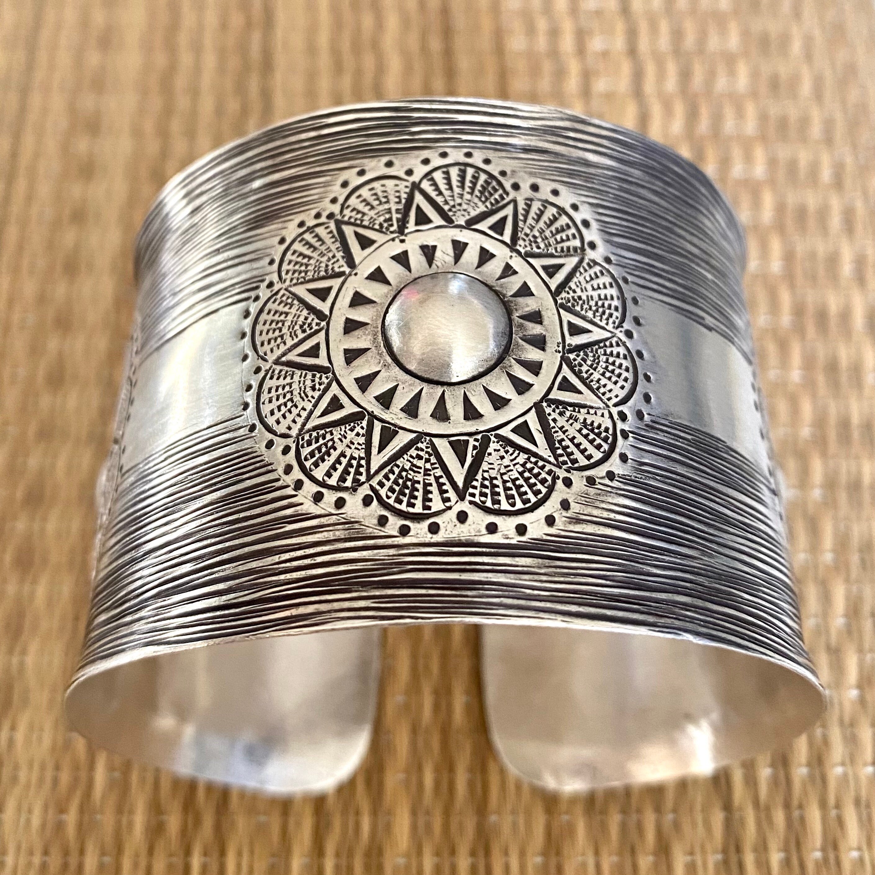 Handmade Sterling Silver Solar Mandala Wide Boho Statement Cuff Bracelet, Floral Tribal Ethnic Hippie Bracelet Cuff, Gift for Her or Him