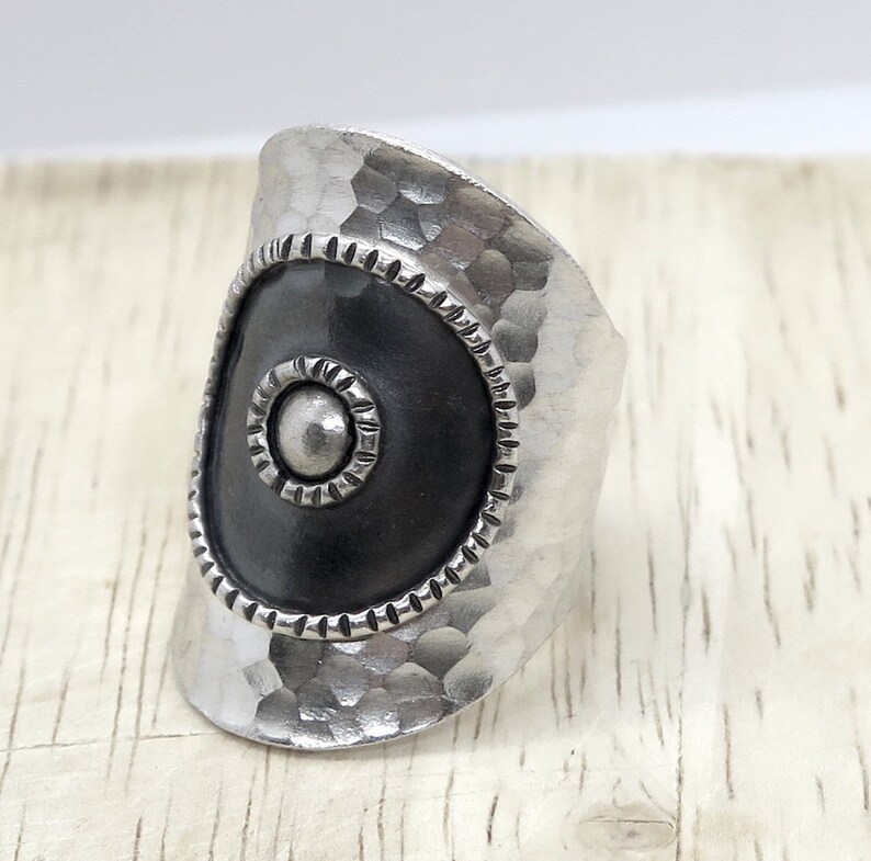 Handmade Hammered Silver Wide Wrap Band Ring Dark Black center Sterling Silver Long Boho Statement Ring also as Thumb ring Adjustable