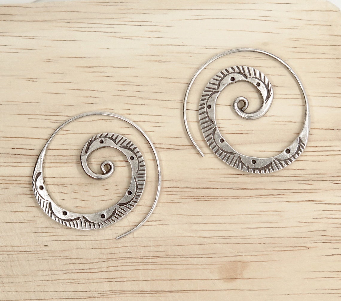 Sterling Silver Spiral Hoop Earrings Handmade Boho Ethnic Etsy
