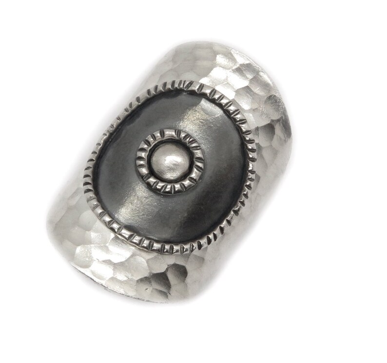 Handmade Hammered Silver Wide Wrap Band Ring Dark Black center Sterling Silver Long Boho Statement Ring also as Thumb ring Adjustable