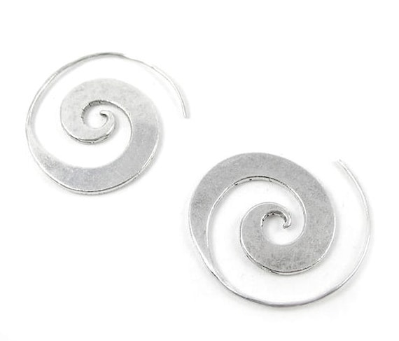 Sterling Tribal Rustic Spiral Earrings, Handmade flat Wide fake gauge earrings, Simple Hippie Solid silver Swirl Coil Women or Men Earrings