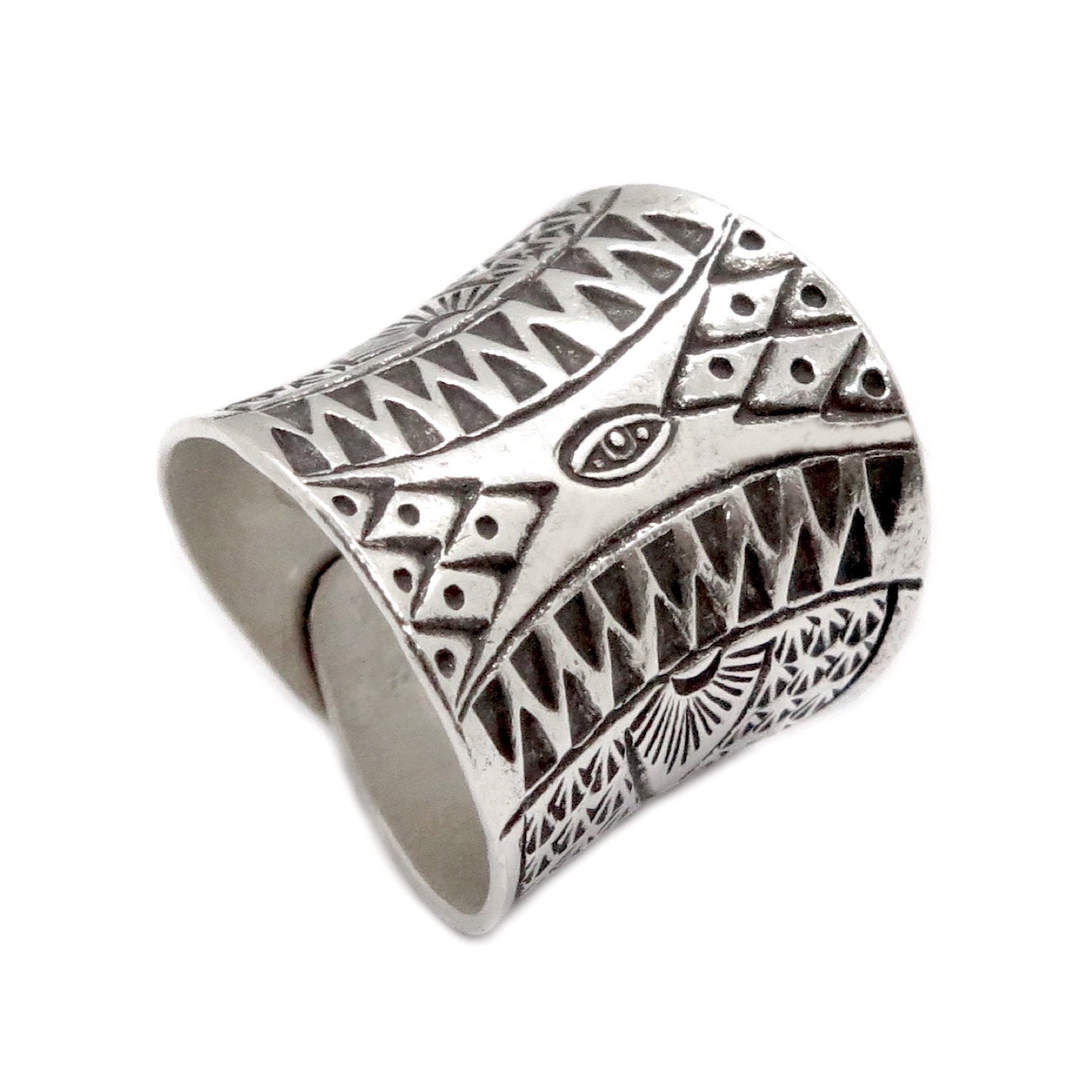 Sterling Silver Ethnic Boho Wide Band Ring, Handmade Geometric Engraved ...