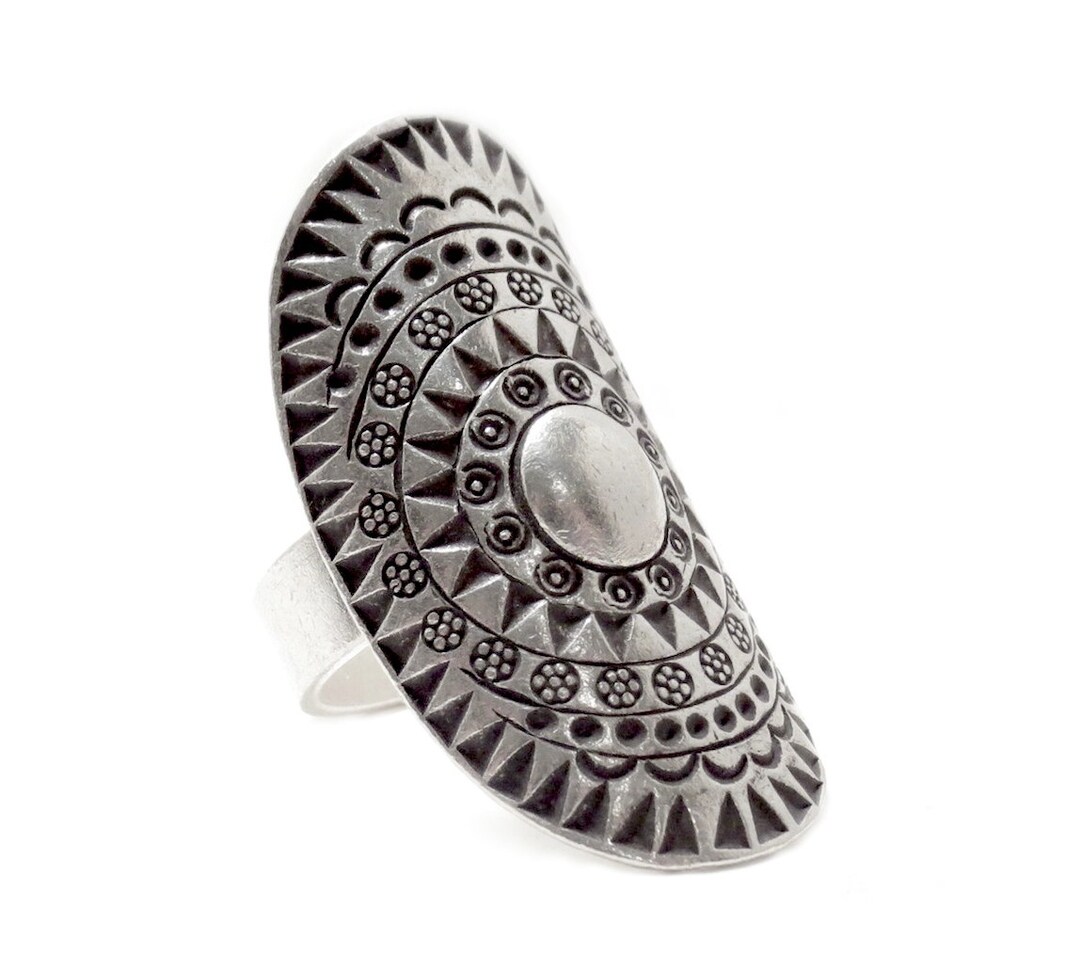 Sterling Silver Long Mandala Boho Statement Ring Handmade Etsy