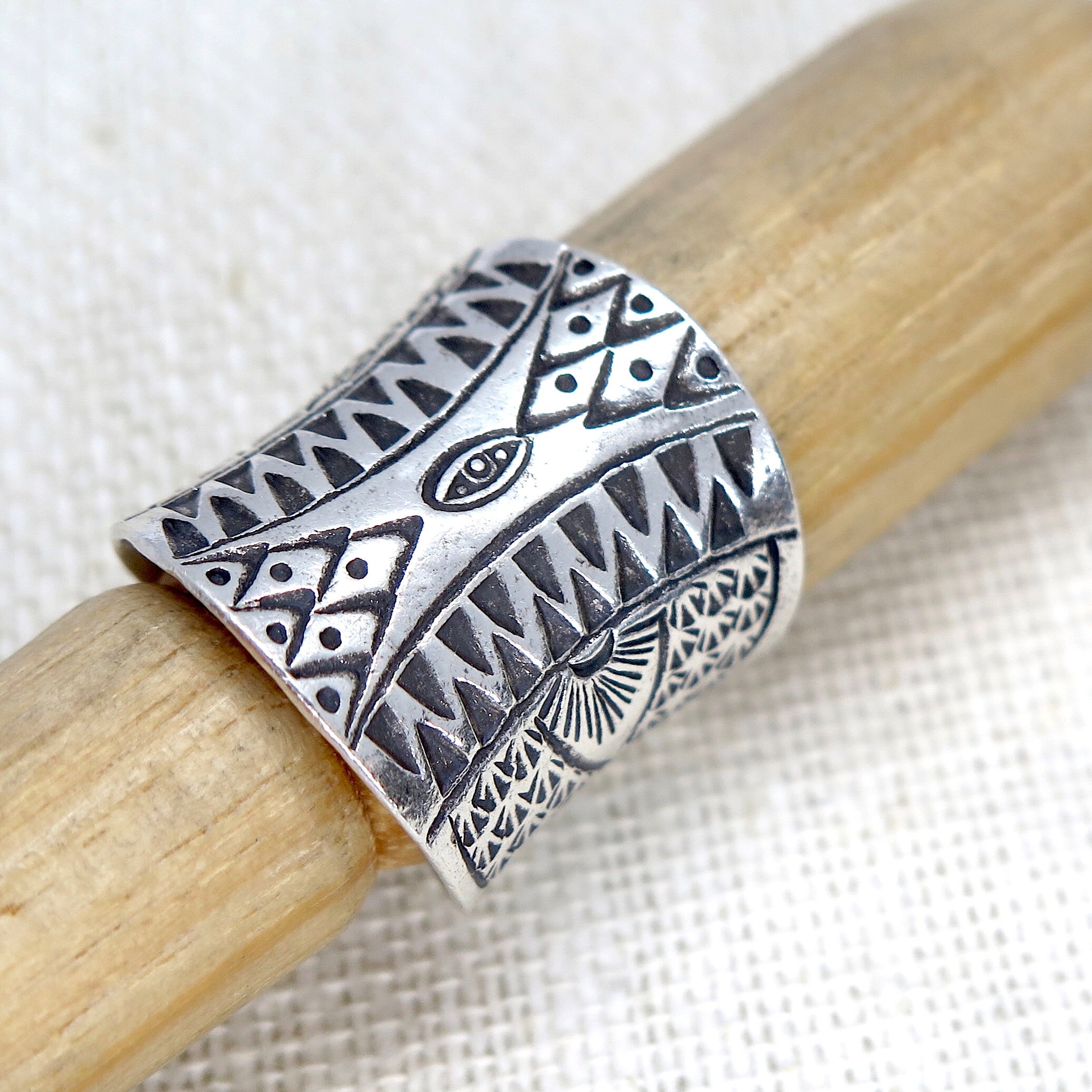 Sterling Silver Ethnic Boho Wide Band Ring, Handmade Geometric Engraved ...