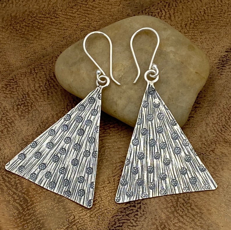 Sterling Silver Handmade Floral Pattern Triangle Shaped Leaf Boho Statement Dangle Earrings Hippie Oxidized Silver 2 long Gift for Her
