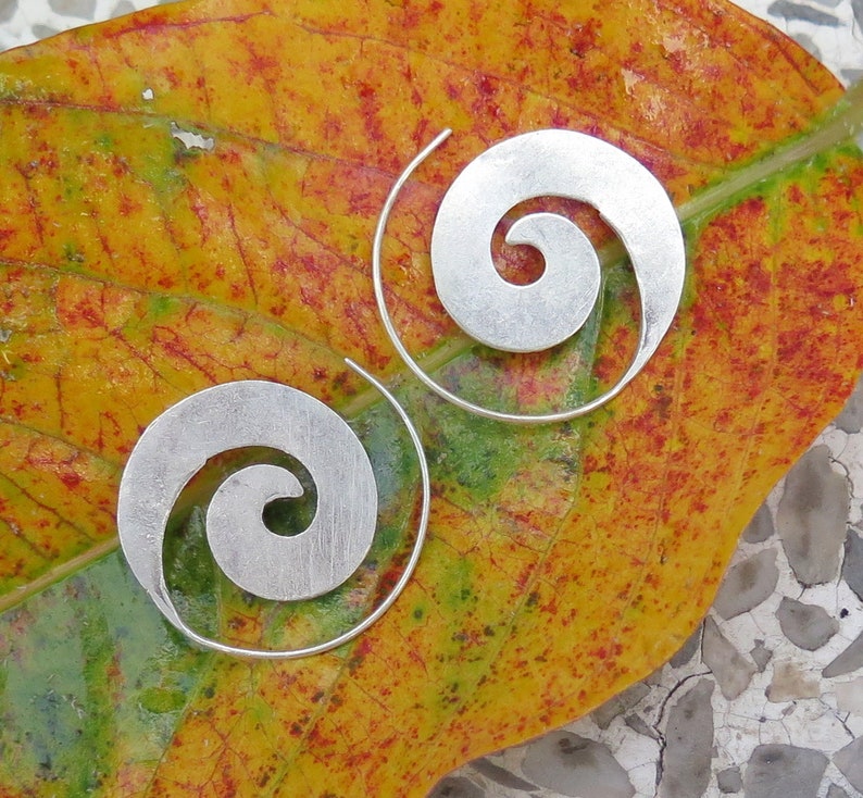 May include: A pair of silver spiral earrings on a yellow and green leaf. The earrings are made of a thin metal and have a simple design.