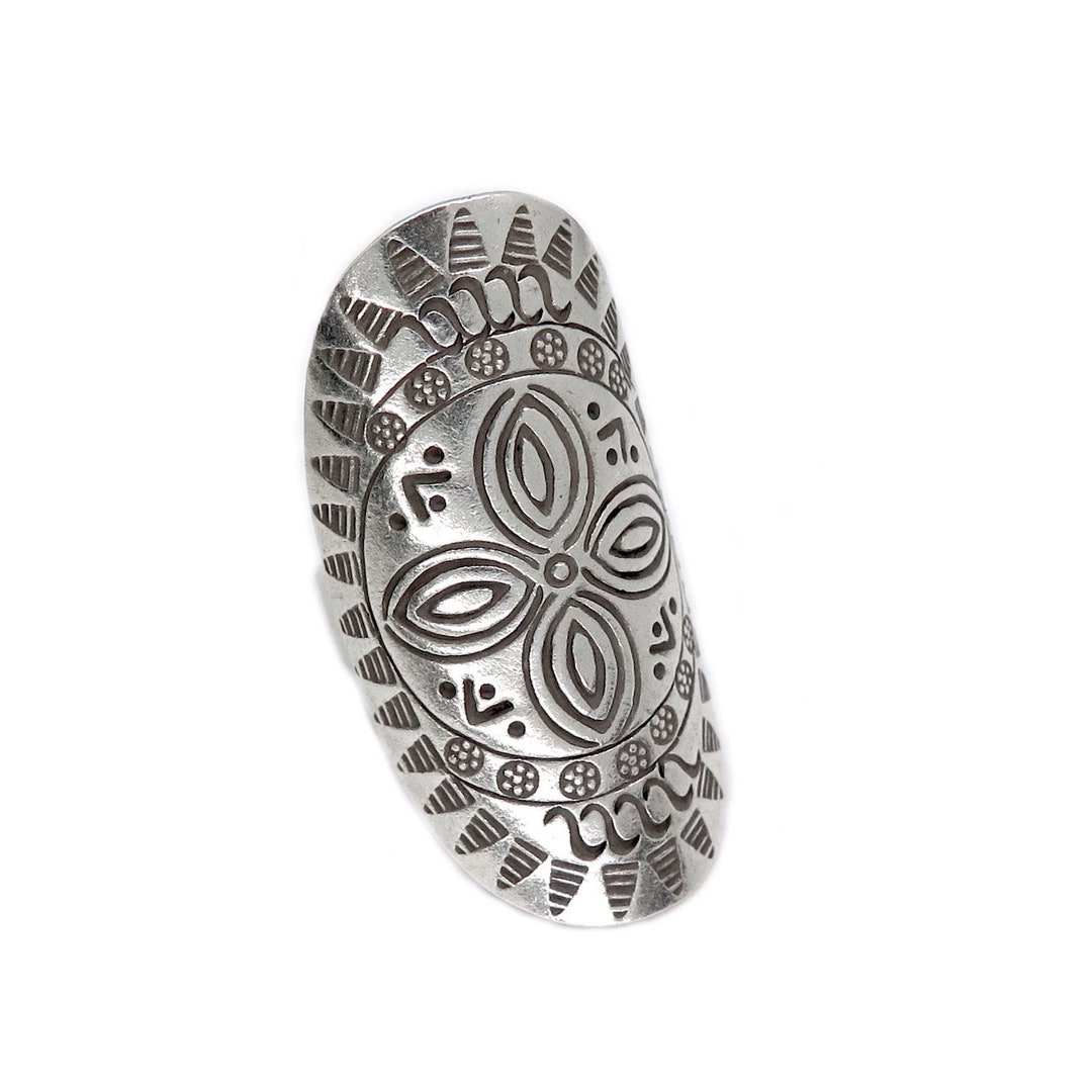 Sterling Silver Long Boho Statement Ring With Symbolic Flower Etsy