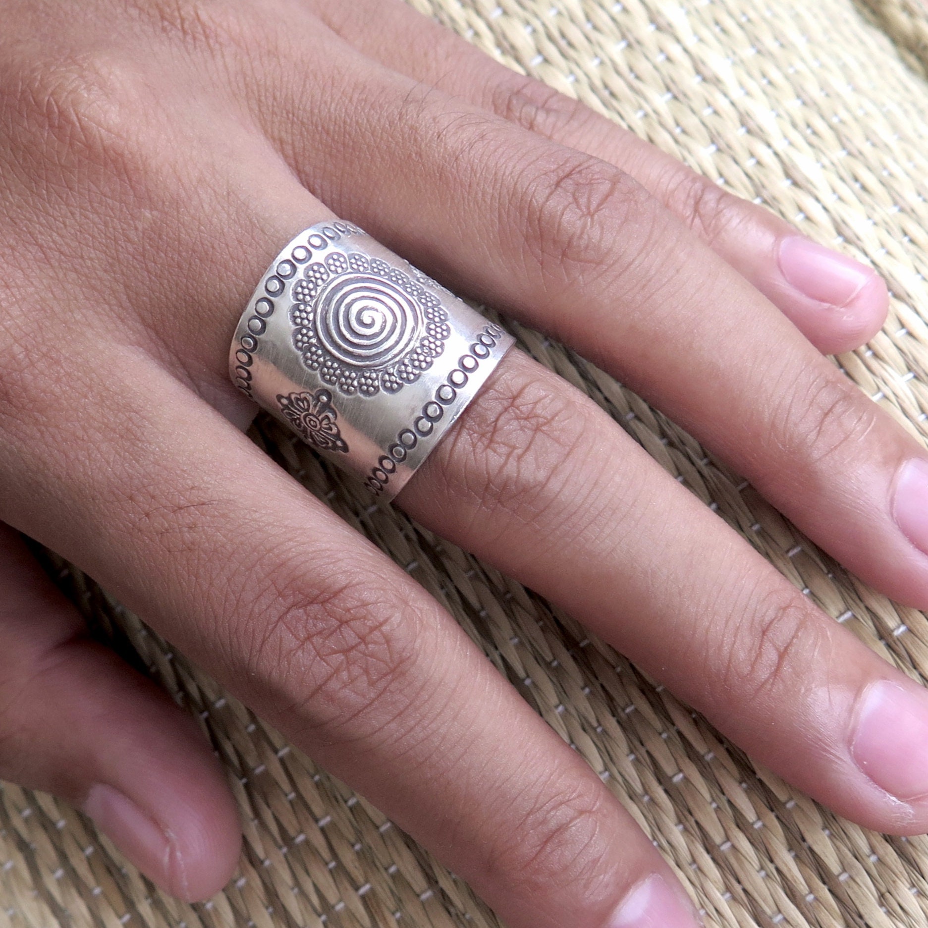 Sterling Silver Boho Wide Band Ring With Oxidized Spiral Mandala ...