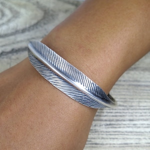 Sterling Silver Boho Handmade Leaf Cuff Bracelet with Feather Engraving and Beads Adjustable for Women or Men, Gift for Her or Him