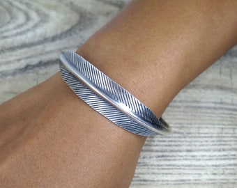 Sterling Silver Boho Handmade Leaf Cuff Bracelet with Feather Engraving and Beads Adjustable for Women or Men, Gift for Her or Him
