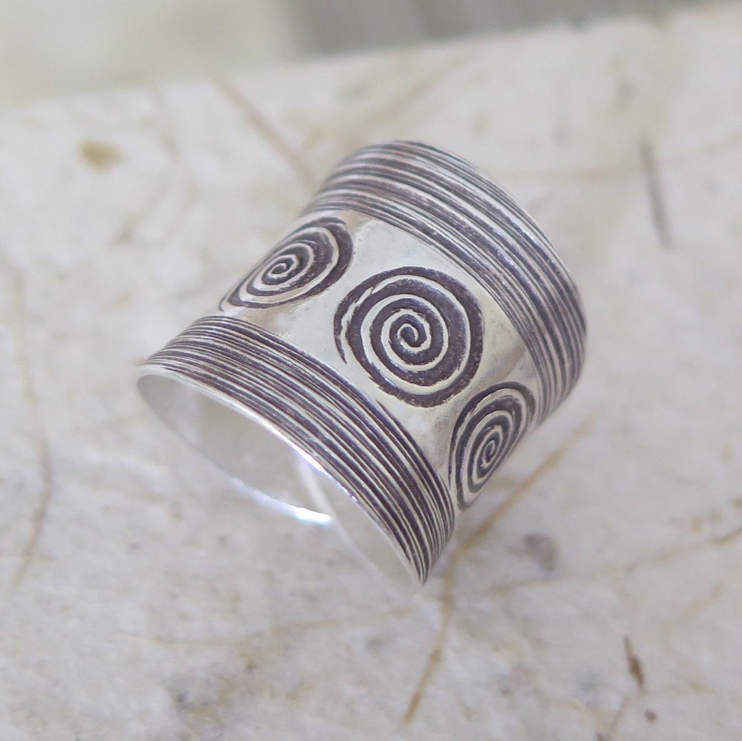 Sterling Silver Wide Band Ring, Handmade Boho Ethnic Tribal Engraved ...