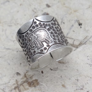 Sterling Silver Wide Band Ring With Elephant Engraving, Handmade Tribal ...