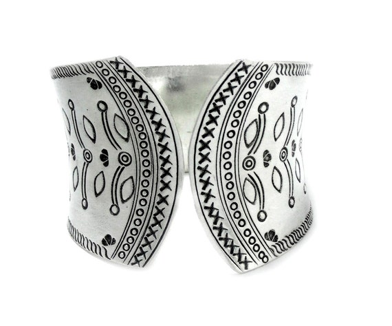 Handcrafted Sterling Silver Wide statement Cuff Bracelet, Engraved Wide Boho Ethnic Tribal Open front Bracelet Cuff, Gift for her