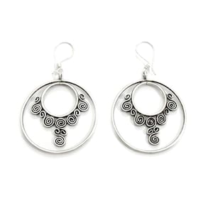 Stora handgjorda silverörhängen i hopp, boho hipie zigenare tribal vintage-stil metallarbete hängande örhängen, stora statement-örhängen