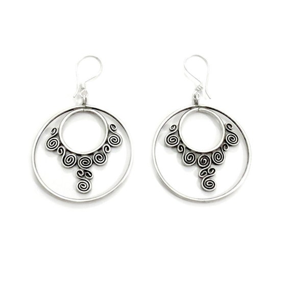 Large Handmade Silver Hopp Earrings, Boho Hipie Gypsy Tribal Vintage style Metal work Dangle Earrings,Large Statement Earrings