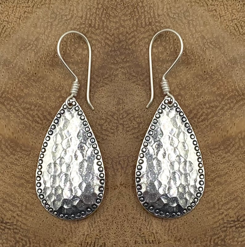 Hammered Sterling Silver Handmade Drop Shape Dangle Earrings Etsy