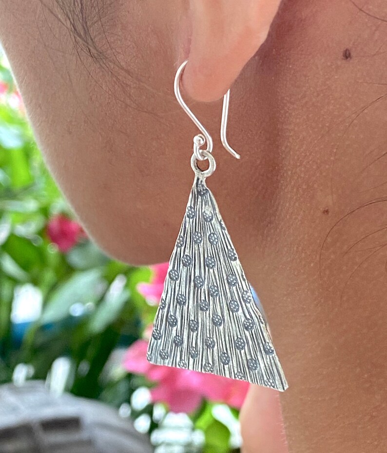 Sterling Silver Handmade Floral Pattern Triangle Shaped Leaf Boho Statement Dangle Earrings Hippie Oxidized Silver 2 long Gift for Her