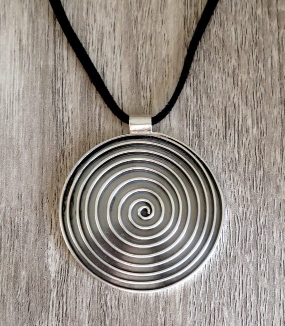 Large Tribal Silver Swirl Pendant and Black Leather Necklace