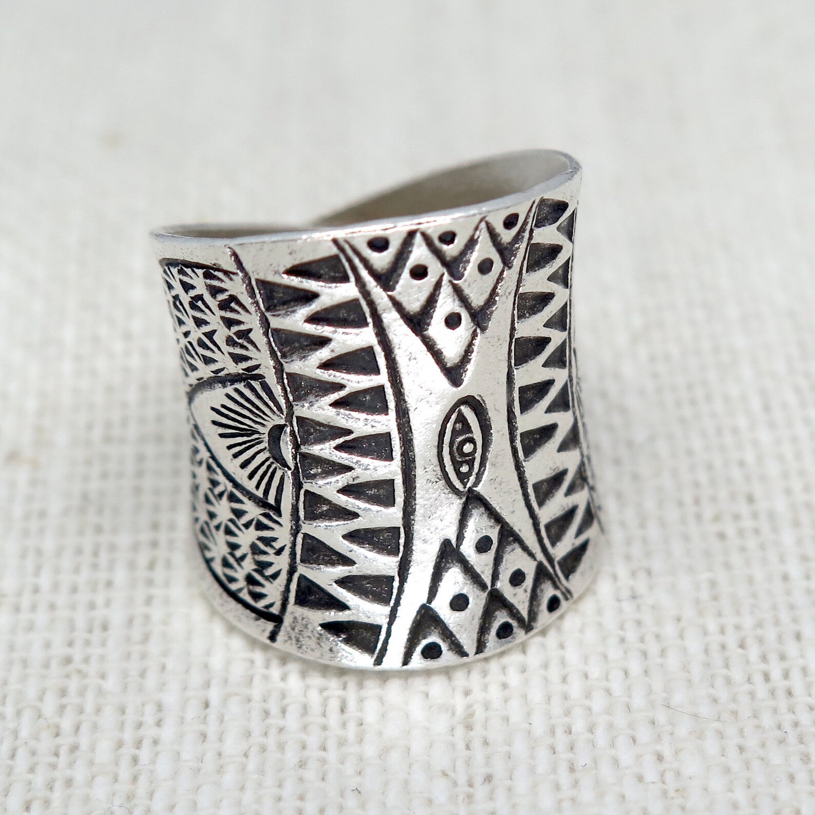 Sterling Silver Ethnic Boho Wide Band Ring, Handmade Geometric Engraved ...
