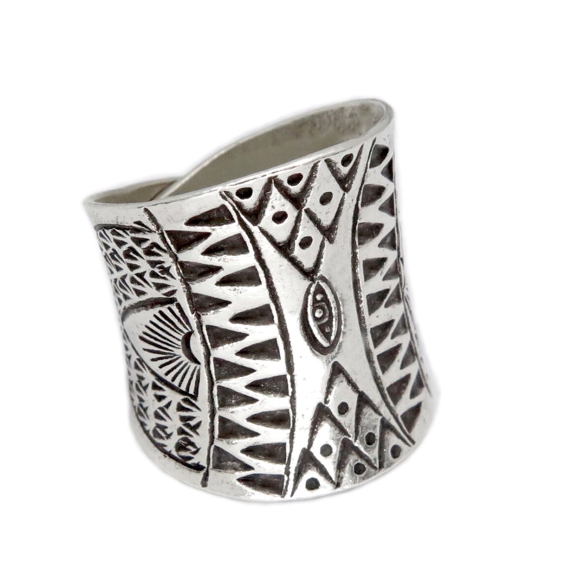 Sterling Silver Ethnic Boho Wide Band Ring, Handmade Geometric Engraved ...