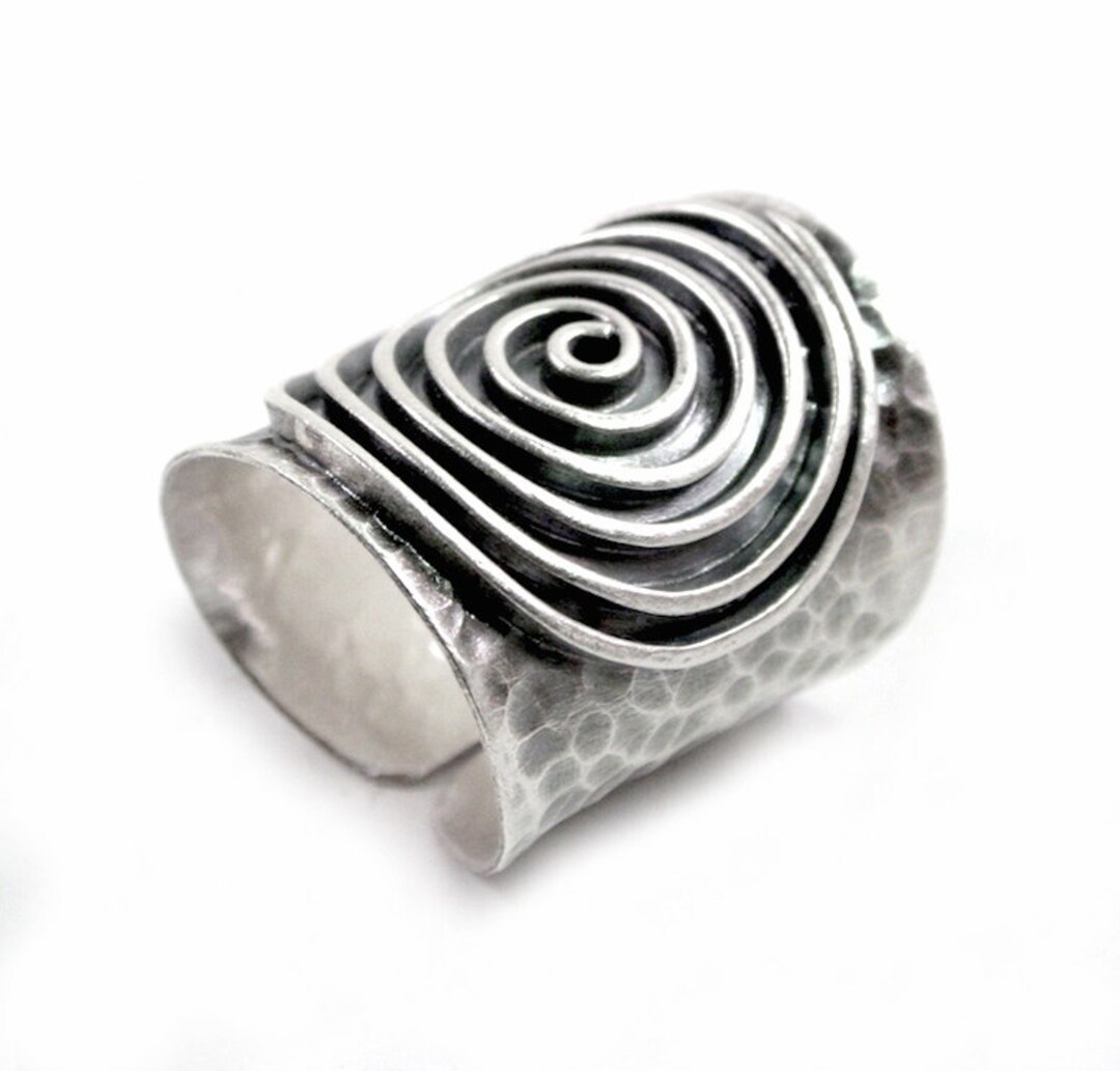 Handmade Hammered Dark Sterling Silver Wide Band Ring With Spiral, Boho ...