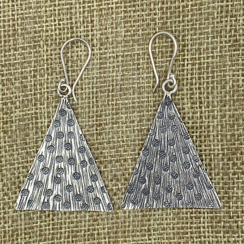 Sterling Silver Handmade Floral Pattern Triangle Shaped Leaf Boho Statement Dangle Earrings Hippie Oxidized Silver 2 long Gift for Her