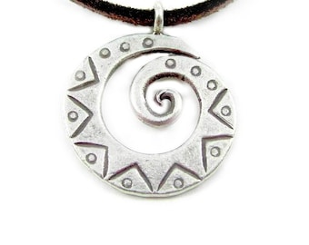 Sterling Silver Spiral Pendent Necklace,Small Handmade Engraved Thick Rustic Silver Spiral Swirl Tribal Men or Women Pendant Necklace