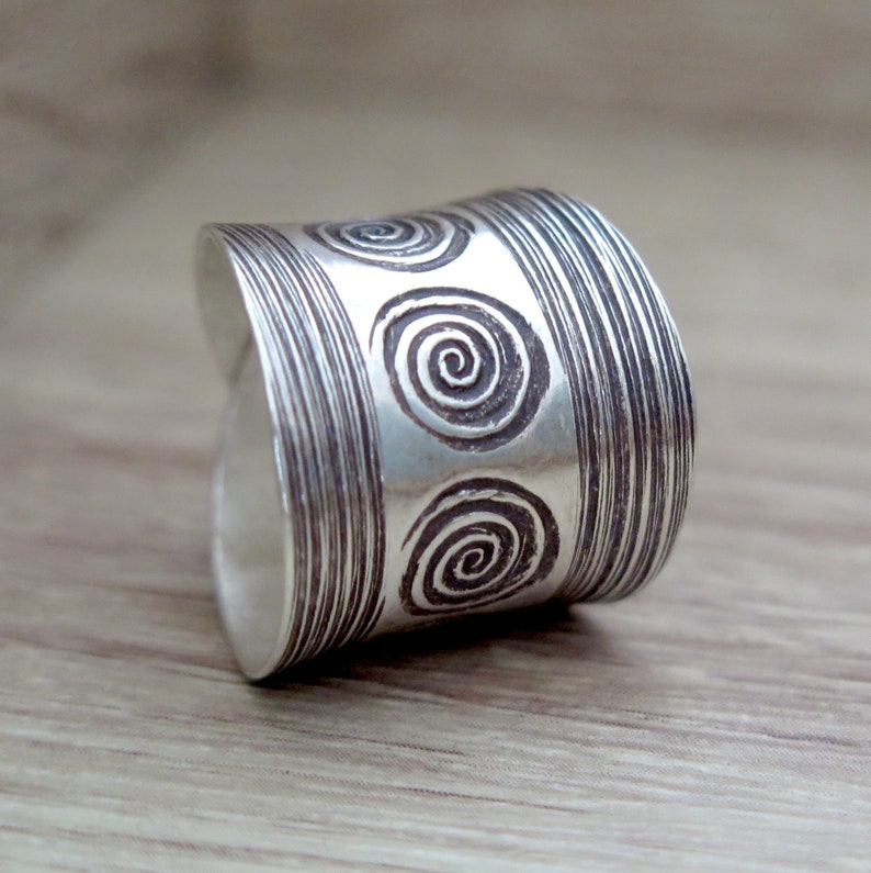 Sterling Silver Wide Band Ring, Handmade Boho Ethnic Tribal Engraved ...