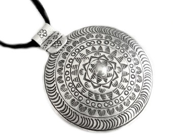 Sterling Silver Boho Engraved Mandala Handmade Pendant Necklace, Round Tribal  Geometric Ethnic Statement Round Convex Disc Pendant, gift