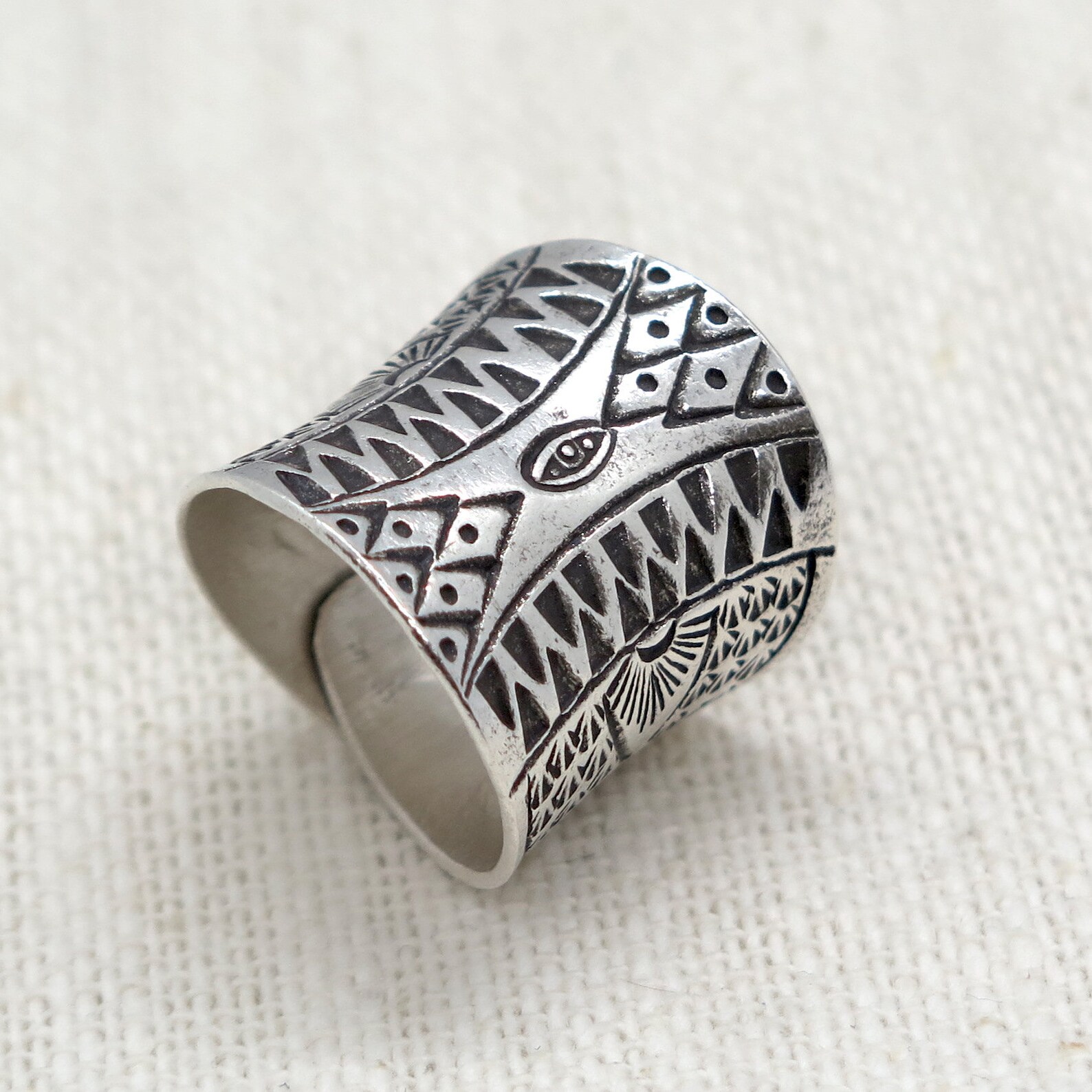 Sterling Silver Ethnic Boho Wide Band Ring, Handmade Geometric Engraved ...