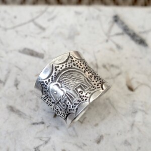 Sterling Silver Wide Band Ring With Elephant Engraving, Handmade Tribal ...