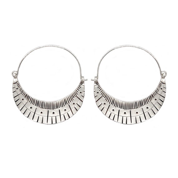 Sterling Silver Large Statement Crescent Moon Boho Handmade Hoop Woman Earrings with Spirals Ethnic Engraving