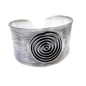 Handmade Wide Sterling Silver Cuff Bracelet, Spiral Boho Hippie Tribal Statement Cuff Wide bracelet ,Lines textured with Spiral