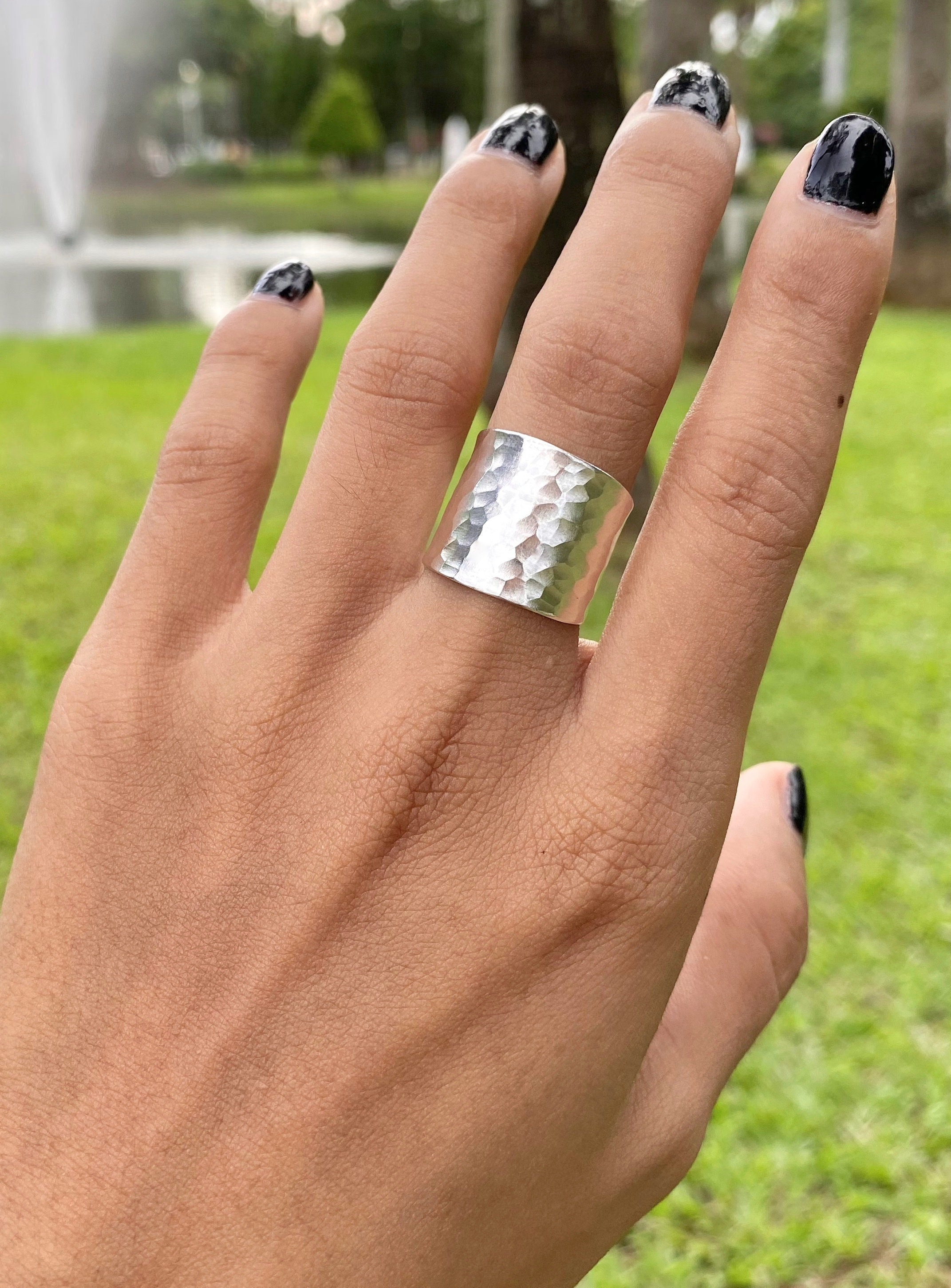 Hammered Sterling Silver Wide Band Ring, Handmade Shiny