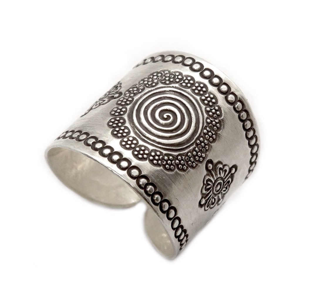 Sterling Silver Boho Wide Band Ring With Oxidized Spiral Mandala ...