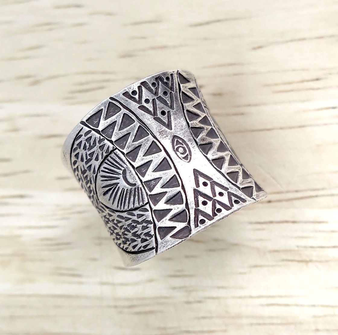 Sterling Silver Ethnic Boho Wide Band Ring, Handmade Geometric Engraved ...