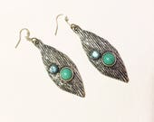 Handmade Turquoise Aquamarine feather earrings dangle silver jewelry stone crystal chakra