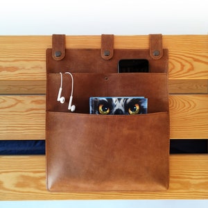 Leather hanging kids bed side pocket organizer, hanging books, phone, tablet, earphones holder