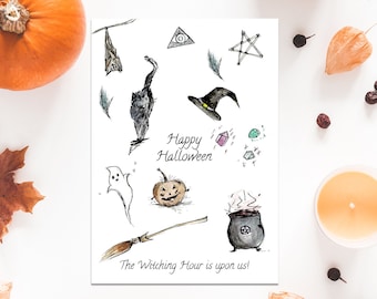 aquarelle joyeux Halloween | Sorcière, citrouille, chat noir