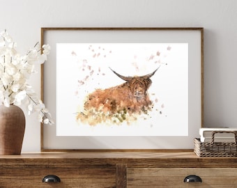 Highland Cow Watercolor Art Print | Scottish Wildlife Decor