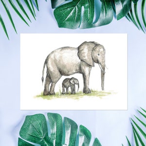 Elephants card / Elephant mum and baby card / Nuova baby card / Madre e bambino / Arte safari / Arte della giungla / Arte della parete dell'elefante / Morvenna