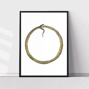 May include: A watercolour painting of a green snake biting its own tail, forming a circle. The snake has a pink tongue and is depicted in a stylised, almost cartoonish way.