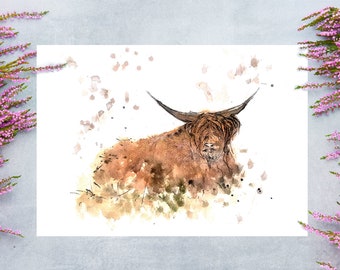 Highland Cow Card | Scottish Watercolor Art, Blank Inside