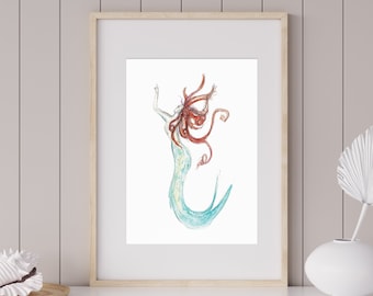 Stampa artistica di una sirena scozzese / Illustrazione ad acquerello firmata in formato A5