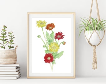 May include: A watercolor painting of a bouquet of yellow and red gerbera daisies with green stems and leaves. The flowers are arranged in a vase and are set against a white background.