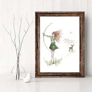 Diana the Huntress A4 Print | Goddess Diana Art | Roman Goddess | Female Art | Mythology | Goddess of Nature | The Wild Hunt | Stag|Morvenna
