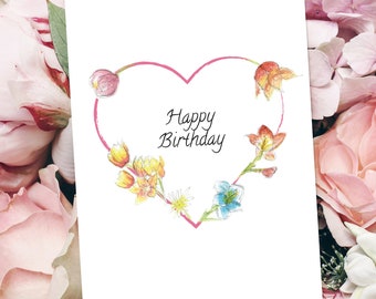 Happy Birthday card | Card for mum | Floral art card | Love card | Flower card | Heart card | Romantic happy birthday card | Morvenna