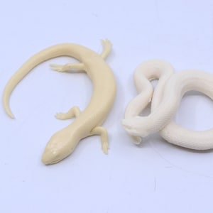 Op de afbeelding: Twee reptielenbeeldjes. Eén is een lichtbeige hagedis met een lange staart en kleine pootjes. De andere is een witte slang opgerold in een achtvorm. Beide staan op een witte achtergrond.