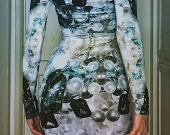 Size SM Emerald Green Gem Print Skin-Tight Long Sleeve Dress, 1990s Clubwear